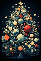 Wall Mural - A vibrant and colorful painting of a Christmas tree stands out against a stark black background, exuding a sense of festive cheer and holiday spirit