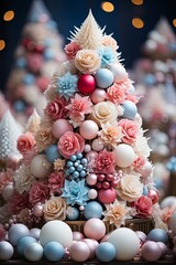 Poster - A stunning Christmas tree crafted entirely from colorful flowers and sparkling decorative balls, creating a unique and magical holiday display