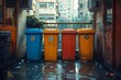 A cluster of forlorn waste containers stand in the shadows of an alley, their metal frames blending into the urban landscape of doors and buildings, discarded on the gritty ground of the city streets