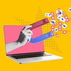 Wall Mural - Hand with magnet attracting social media icons from laptop screen. Contemporary art. Visual for influencer marketing platforms to attract content creators. Digital marketing, online services concept