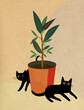 illustration graphique d'une plante verte en pot avec deux chats noirs dans un style flat design texturé