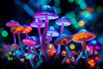 Wall Mural - colorful generative ai collage of bright glossy mushrooms in night magical woods