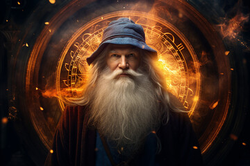 Wall Mural - digital generative ai collage image of wise wizard doing burning ritual spell