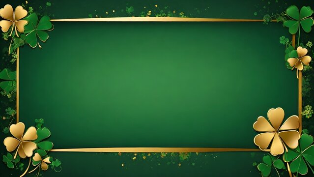 Green card template for St. Patrick's Day, St Patricks day Shamrock Clover Background, Background Template with  green and gold clovers as frame for St. Patrick's Day Celebration, AI generated