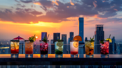 Sticker - Multi-colored cocktails in a row on the bar counter in a rooftop bar, against the backdrop of a metropolis and skyscrapers.