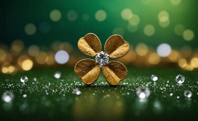Green happy St. Patrick's Day sign background with a leprechaun green shamrock hat full of gold coins and clover symbol. Generative AI