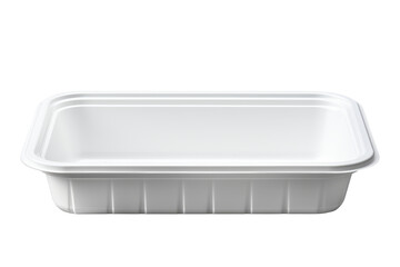 White Plastic Container. A white plastic container is empty and has a simple design with no embellishments. The stark contrast between the container and the background highlights its shape and color.