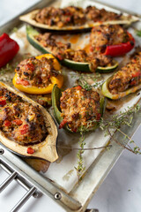 Wall Mural - Low Carb dinner with stuffed vegetables with healthy ground meat filling