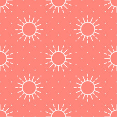 Wall Mural - Sun seamless pattern. White vector stylized elements on red dotted background. Best for textile, wallpapers, wrapping paper, package and web design.