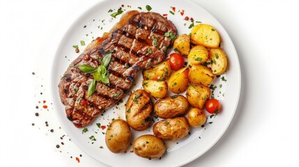 grilled beef steak and potatoes on plate isolated on white background,