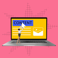 Wall Mural - Woman, social media manager creating content. Promoting viral content creation for brand development. Contemporary art collage. Concept of digital marketing, online services, business
