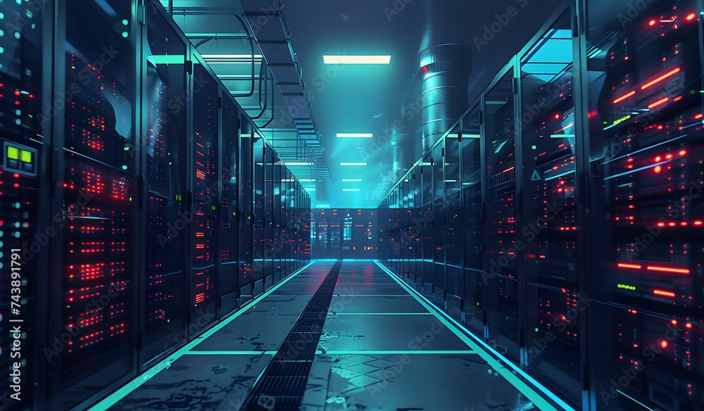 Dynamic Data Center with Rows of Servers Illuminated by Vibrant Blue ...