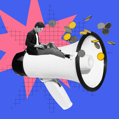 Wall Mural - Man sitting on megaphone working on laptop with coins flying out. Contemporary art. Social media revenue growth and monetization strategies. Concept of digital marketing, online services, business
