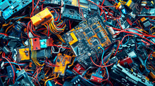 Tangled Wires Amongst Electronic Waste Components. A Chaotic Tangle Of Wires And Assorted Electronic Components Represents The Complexity Of Electronic Waste Management.

