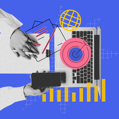 Wall Mural - Laptop, mobile phone and analytics. Visual aid for online courses teaching effective social media strategies. Contemporary art collage. Concept of digital marketing, online services, business