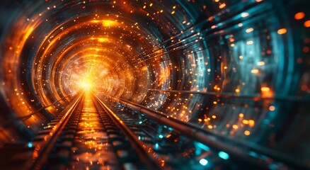 Poster - The amber lights guide the train through the dark night, illuminating the tracks as it disappears into the tunnel