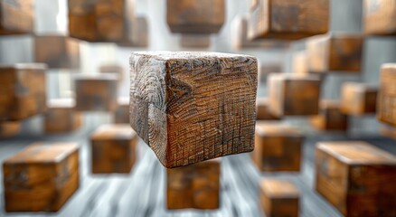 Poster - An intricately carved wooden cube hangs suspended in a gallery, inviting contemplation and blurring the lines between art and reality