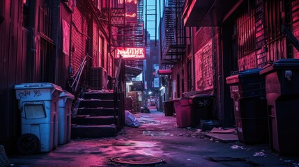 Wall Mural - Narrow dirty street. Garbage cans, branching stairs, neon billboards. Minimalism. A lot of trash.