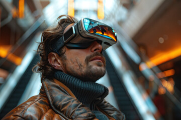 Caucasian man in 3D virtual glasses standing on escalator in shopping mall