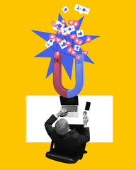 Wall Mural - Man working on laptop with magnet attracting social media icons. Contemporary art. Social media strategy services focusing on magnetizing followers. Concept of digital marketing, online services