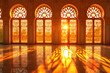 windows architecture of the mosque. the room is lit by the bright sunlight coming. ramadan kareem banner background. ramadan kareem holiday celebration concept