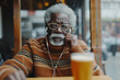 Elderly gray haired African American male in glasses and sweater sitting at table adjusting earphones while listening to audio on mobile phone