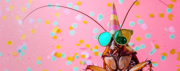 Wall Mural - Cockroach with party hat and sunglasses on pink background with confetti