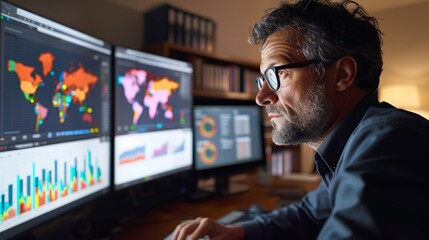 Poster - Concentrated expert evaluates global data patterns and trends on multiple screens in a high-tech workspace.