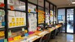 Busy project planning board with post-it notes and workflow charts in a bright office space.