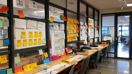 Poster - busy project planning board with post-it notes and workflow charts in a bright office space.