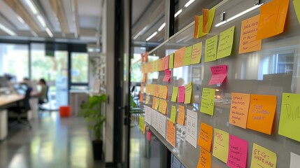 Poster - Dynamic teamwork environment with post-it notes for organization on glass panels in a modern office.