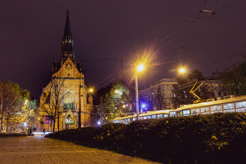 Wall Mural - View of the famous The Church of Jan Amos Comenius(Red Church) in the city of Brno. At night. Czech Republic