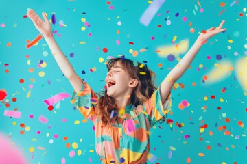 Profile of cheerful girl celebrating success on vibrant blue background.