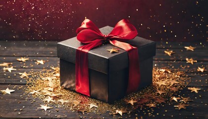 Wall Mural - Festive Black Friday surprise! gift box, adorned with vibrant red ribbon, surrounded by gold 