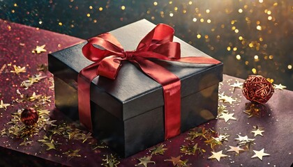 Wall Mural - Festive Black Friday surprise! gift box, adorned with vibrant red ribbon, surrounded by gold 