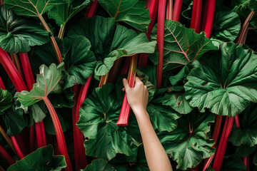 Wall Mural - Hand selecting a stalk of vibrant red rhubarb amidst lush green leaves, concept for organic gardening or healthy food, with copyspace for text