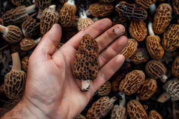 Poster - Human hand displaying a morel mushroom against a background of foraged morels, suitable for culinary and seasonal foraging themes