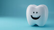 © fotogurme - 3D illustration of a smiling cartoon tooth character on a gradient blue background with copy space, ideal for dental health and hygiene concepts