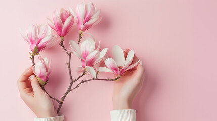 Wall Mural - Female hands arranging delicate magnolia flowers on a soft pink background with space for text, ideal for spring-themed designs or Mother's Day promotions