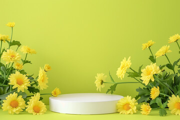 Wall Mural - Vibrant yellow chrysanthemums arranged around a blank white podium on a green background with copy space, suitable for spring-themed product display or Mother's Day advertising