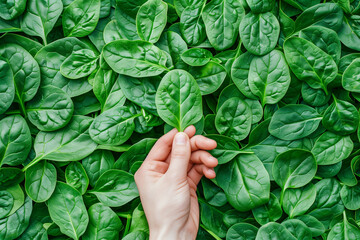 Wall Mural - Fresh spinach leaves background with a Caucasian hand holding a single leaf, illustrating concepts of healthy eating, agriculture, and vegetarian diet