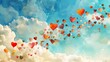 A digital collage of colorful heart-shaped balloons floating in the sky, their cheerful hues contrasting beautifully against the pure white clouds.