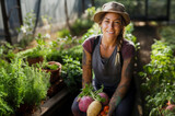 Fototapeta  - Portrait of a smiling, tattooed gardener in her thirties in her greenhouse, who has just harvested her organic vegetables. Generative ai