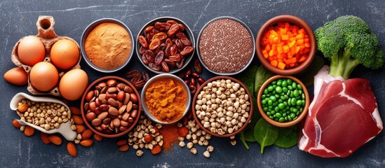 Wall Mural - Iron-rich food with Fe symbol and atomic number 26, consisting of natural products like meat, eggs, dried fruit, nuts, seeds, and legumes, contributes to a nutritious diet.