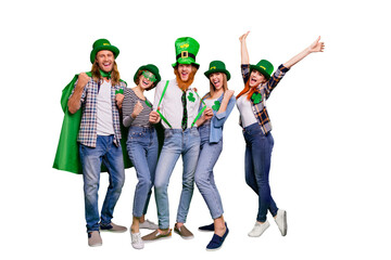 Poster - Full length body size photo cheer five company celebrate winning hands arms up spend holiday tradition national specs casual outfit saint paddy day laugh laughter isolated on bright green background