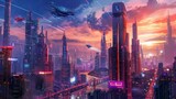 Fototapeta Konie - A futuristic cityscape with towering skyscrapers and sleek flying vehicles soaring through the neon-lit skyline.