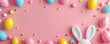 Easter party concept. Top view photo of easter bunny ears white pink blue and yellow eggs on isolated pastel pink background with copy space. 3d rendering.