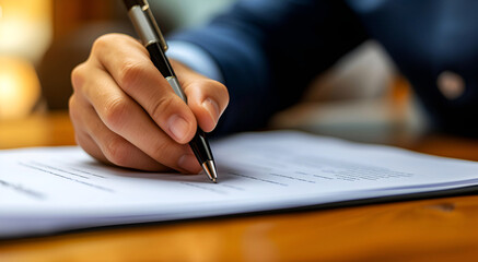 Businessman's hand holding a pen to sign a document