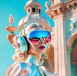 Futuristic lady in renaissance rococo fashion wearing glowing headphones and avant Garde reflective sunglasses