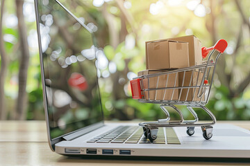 Online shopping concept with cart full of boxes on top of laptop computer